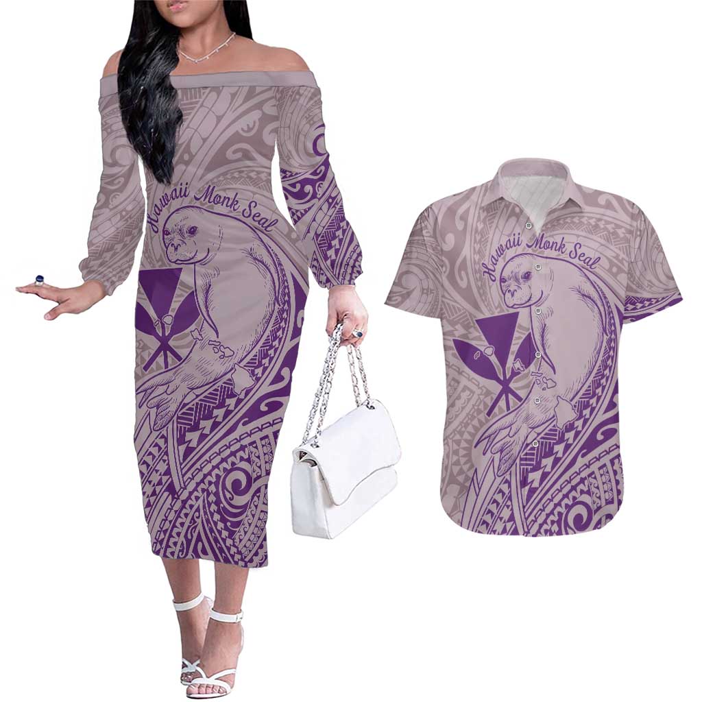 Hawaii Monk Seal and Map Couples Matching Off The Shoulder Long Sleeve Dress and Hawaiian Shirt Polynesian Kanaka Maoli Violet Vibe