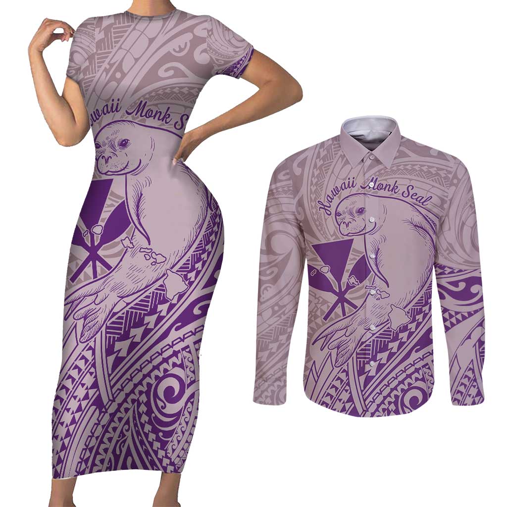 Hawaii Monk Seal and Map Couples Matching Short Sleeve Bodycon Dress and Long Sleeve Button Shirt Polynesian Kanaka Maoli Violet Vibe