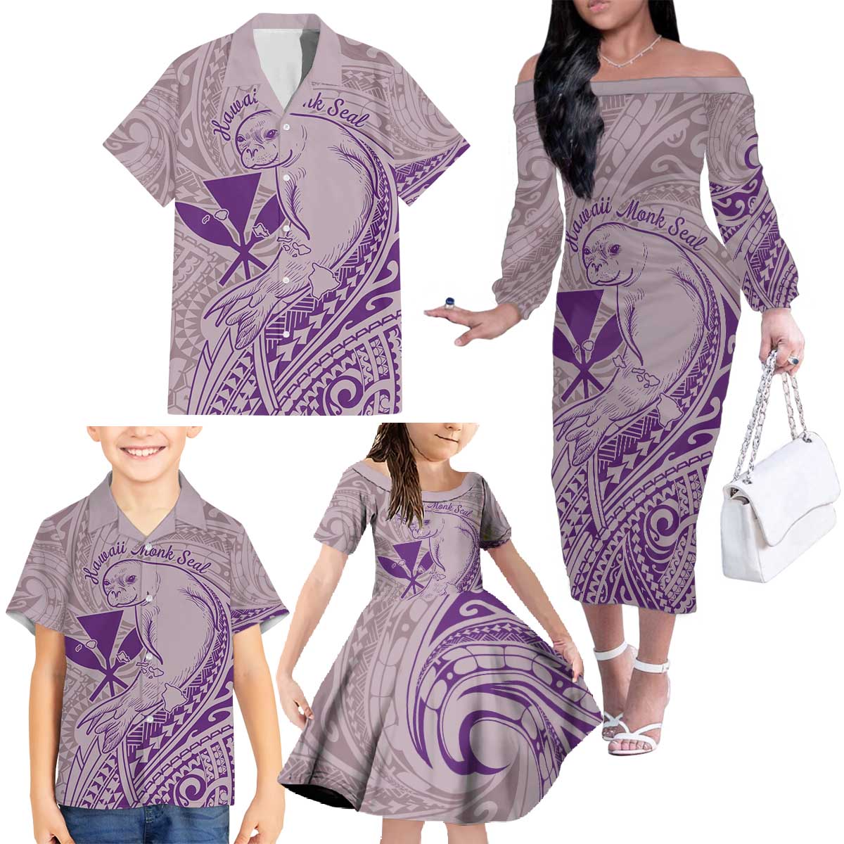 Hawaii Monk Seal and Map Family Matching Off The Shoulder Long Sleeve Dress and Hawaiian Shirt Polynesian Kanaka Maoli Violet Vibe