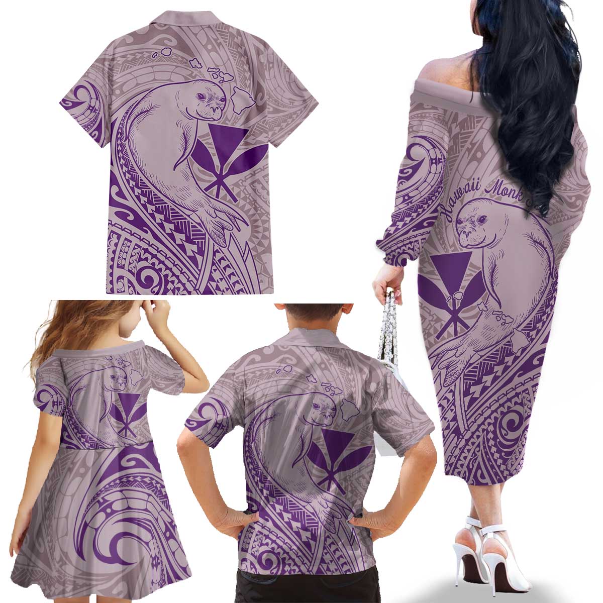 Hawaii Monk Seal and Map Family Matching Off The Shoulder Long Sleeve Dress and Hawaiian Shirt Polynesian Kanaka Maoli Violet Vibe