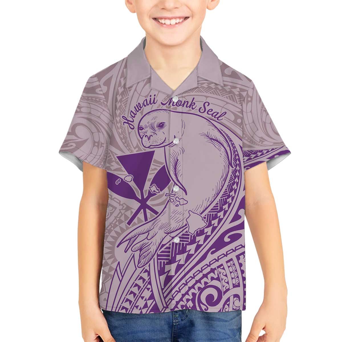 Hawaii Monk Seal and Map Family Matching Off The Shoulder Long Sleeve Dress and Hawaiian Shirt Polynesian Kanaka Maoli Violet Vibe