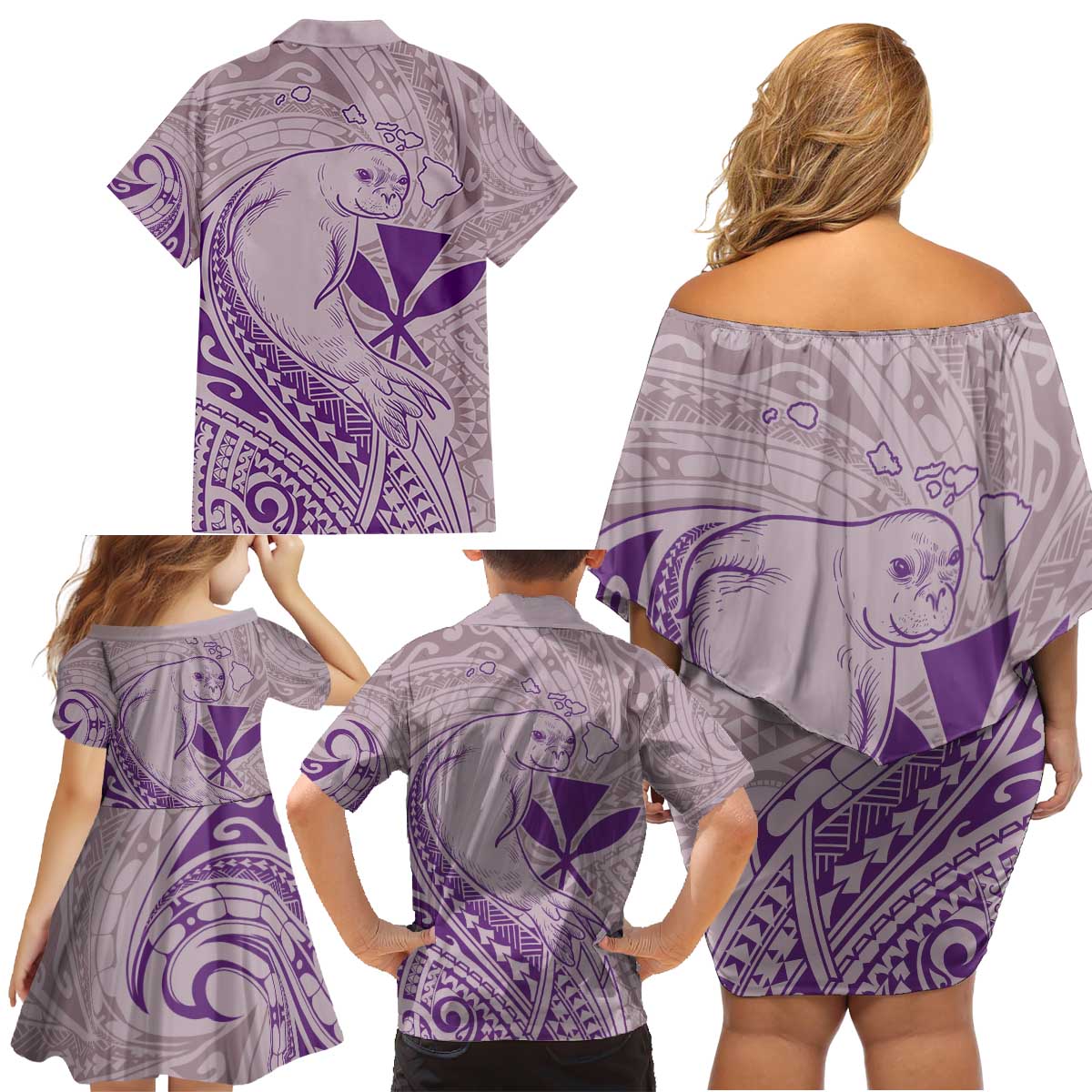 Hawaii Monk Seal and Map Family Matching Off Shoulder Short Dress and Hawaiian Shirt Polynesian Kanaka Maoli Violet Vibe