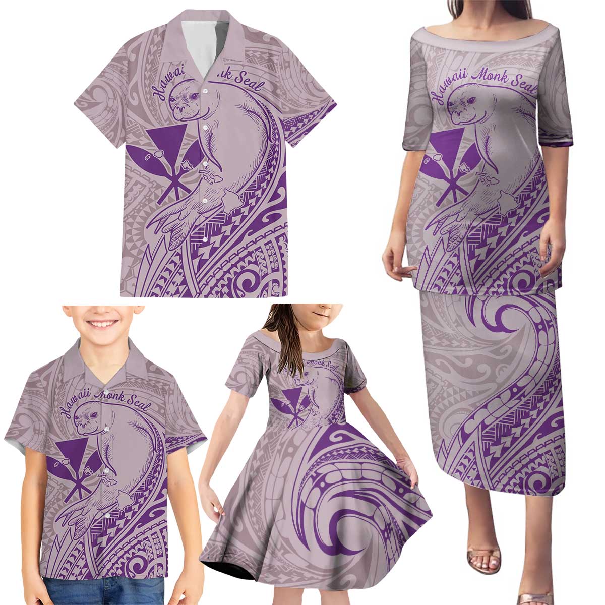 Hawaii Monk Seal and Map Family Matching Puletasi and Hawaiian Shirt Polynesian Kanaka Maoli Violet Vibe