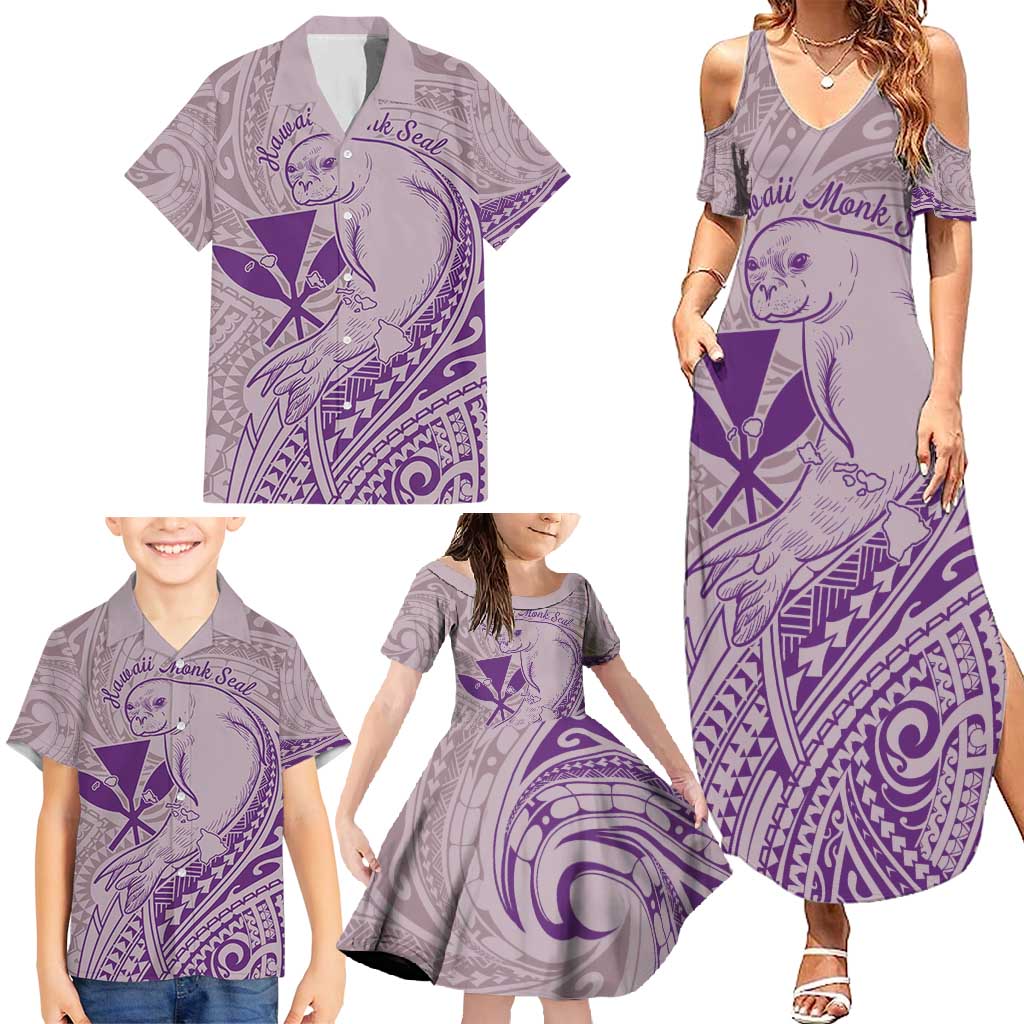 Hawaii Monk Seal and Map Family Matching Summer Maxi Dress and Hawaiian Shirt Polynesian Kanaka Maoli Violet Vibe