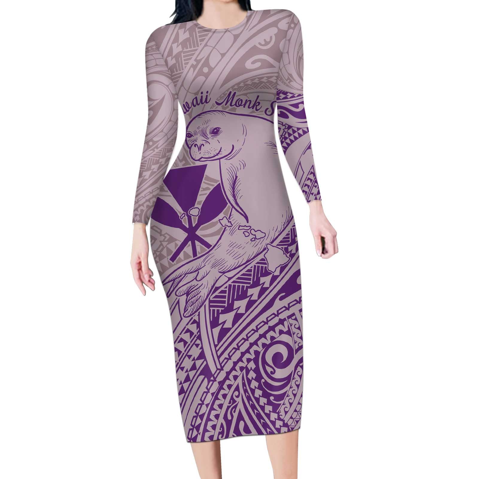 Hawaii Monk Seal and Map Long Sleeve Bodycon Dress Polynesian Kanaka Maoli Violet Vibe