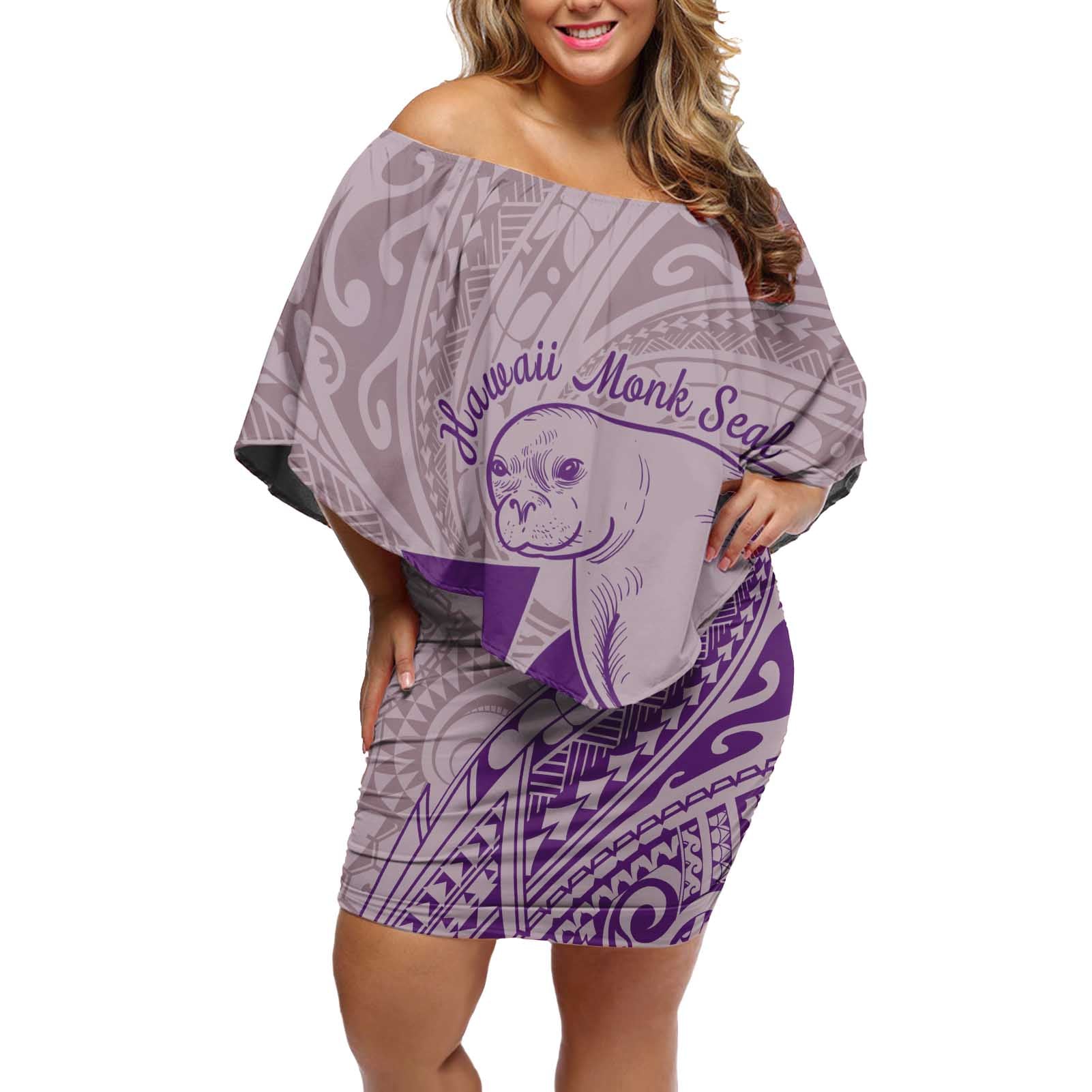 Hawaii Monk Seal and Map Off Shoulder Short Dress Polynesian Kanaka Maoli Violet Vibe