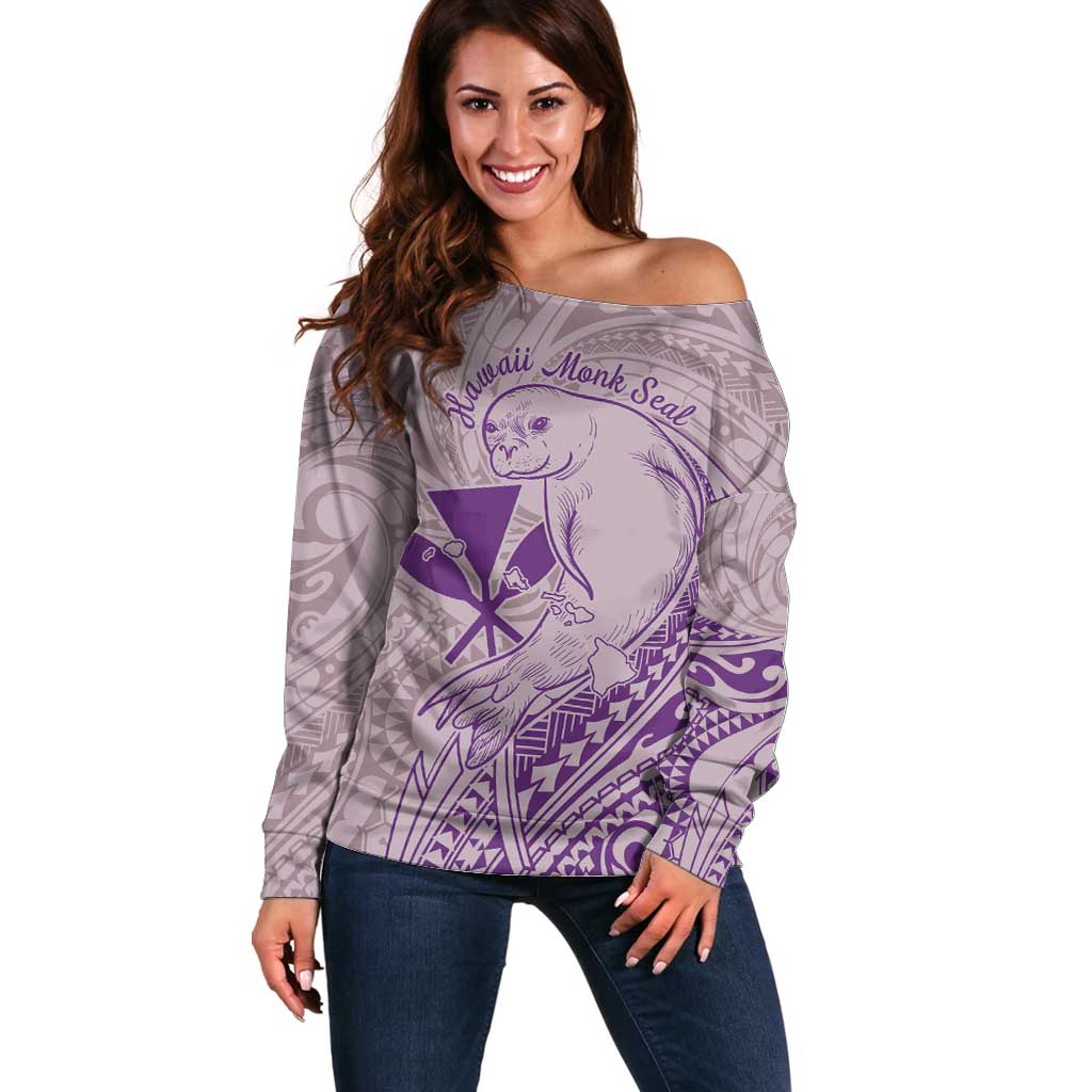 Hawaii Monk Seal and Map Off Shoulder Sweater Polynesian Kanaka Maoli Violet Vibe