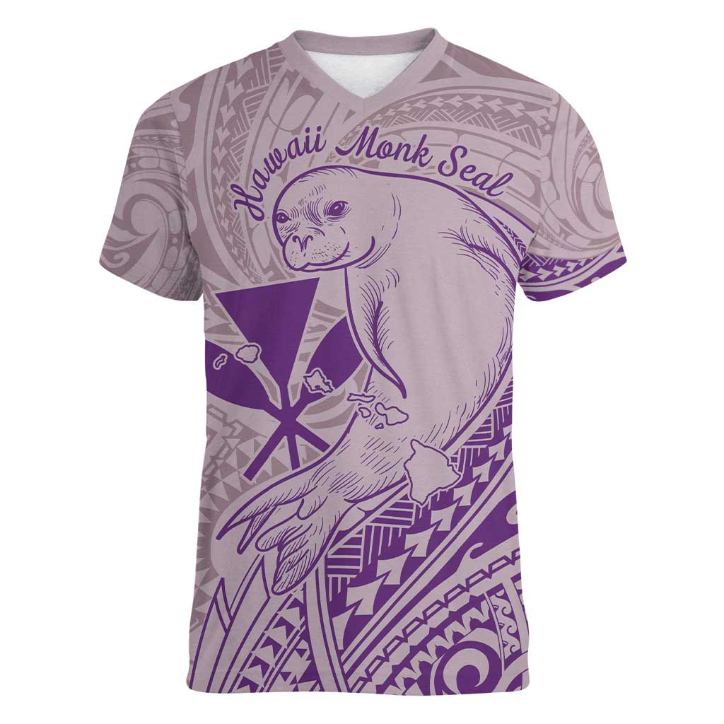 Hawaii Monk Seal and Map Women V-Neck T-Shirt Polynesian Kanaka Maoli Violet Vibe