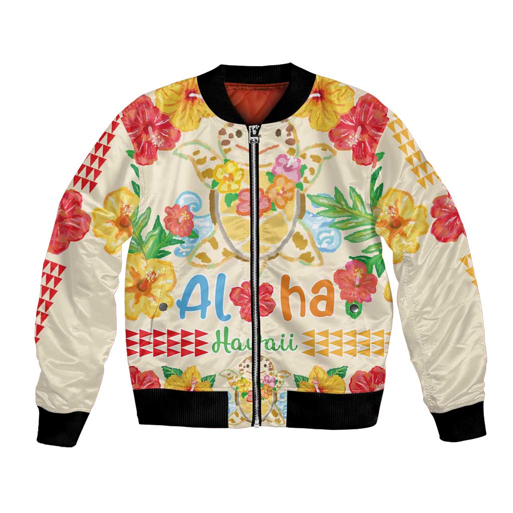 Kawaii Turtle Bomber Jacket Aloha Hibiscus Flowers