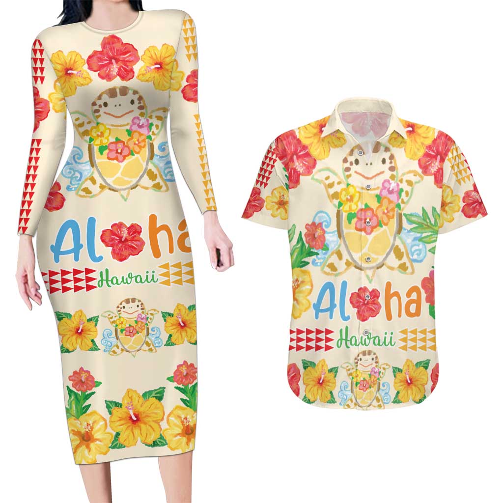 Kawaii Turtle Couples Matching Long Sleeve Bodycon Dress and Hawaiian Shirt Aloha Hibiscus Flowers