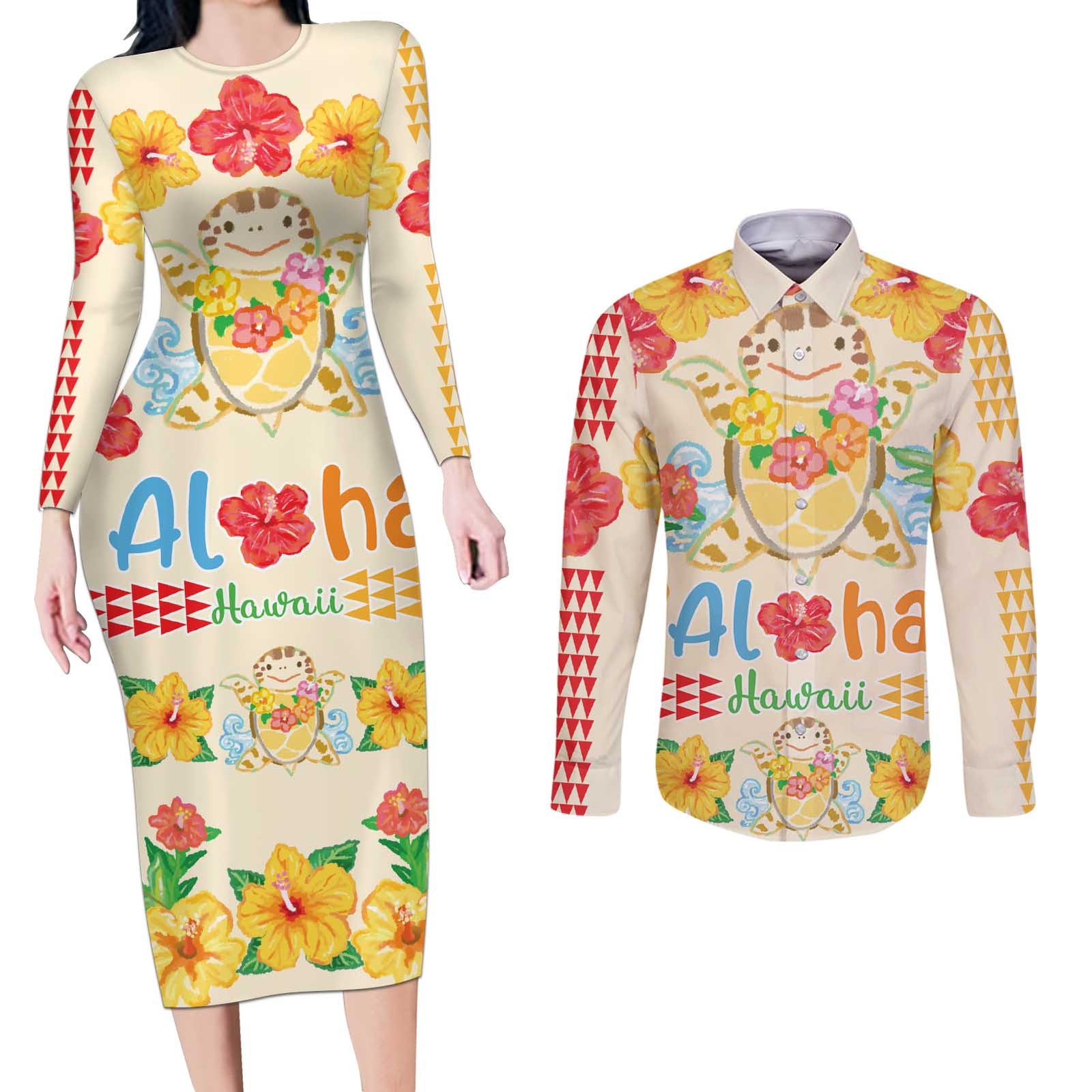 Kawaii Turtle Couples Matching Long Sleeve Bodycon Dress and Long Sleeve Button Shirt Aloha Hibiscus Flowers LT9 Beige - Polynesian Pride