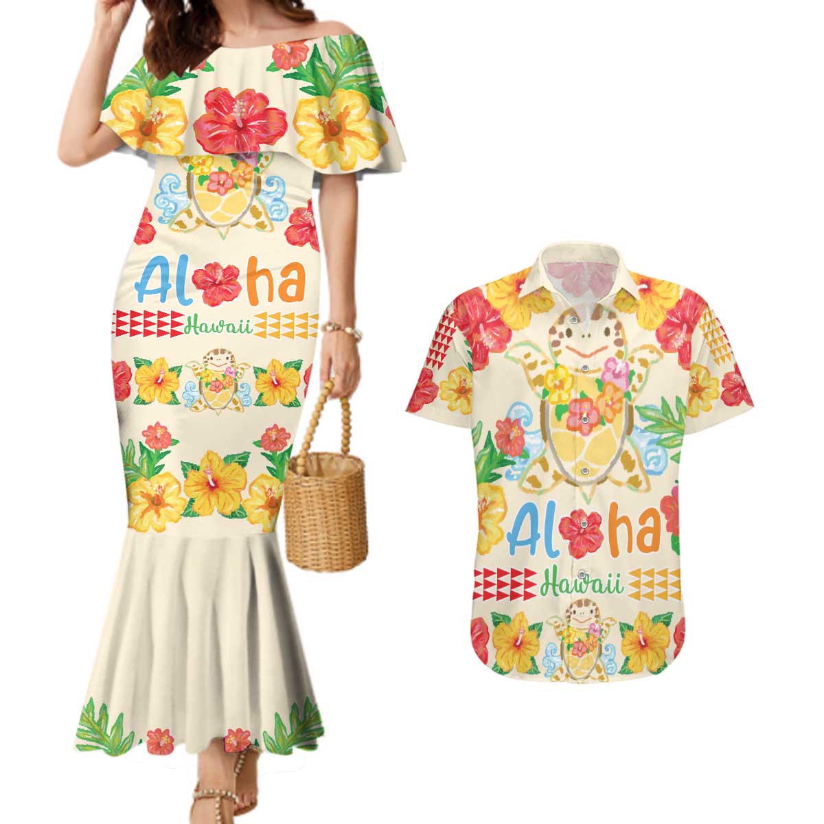 Kawaii Turtle Couples Matching Mermaid Dress and Hawaiian Shirt Aloha Hibiscus Flowers