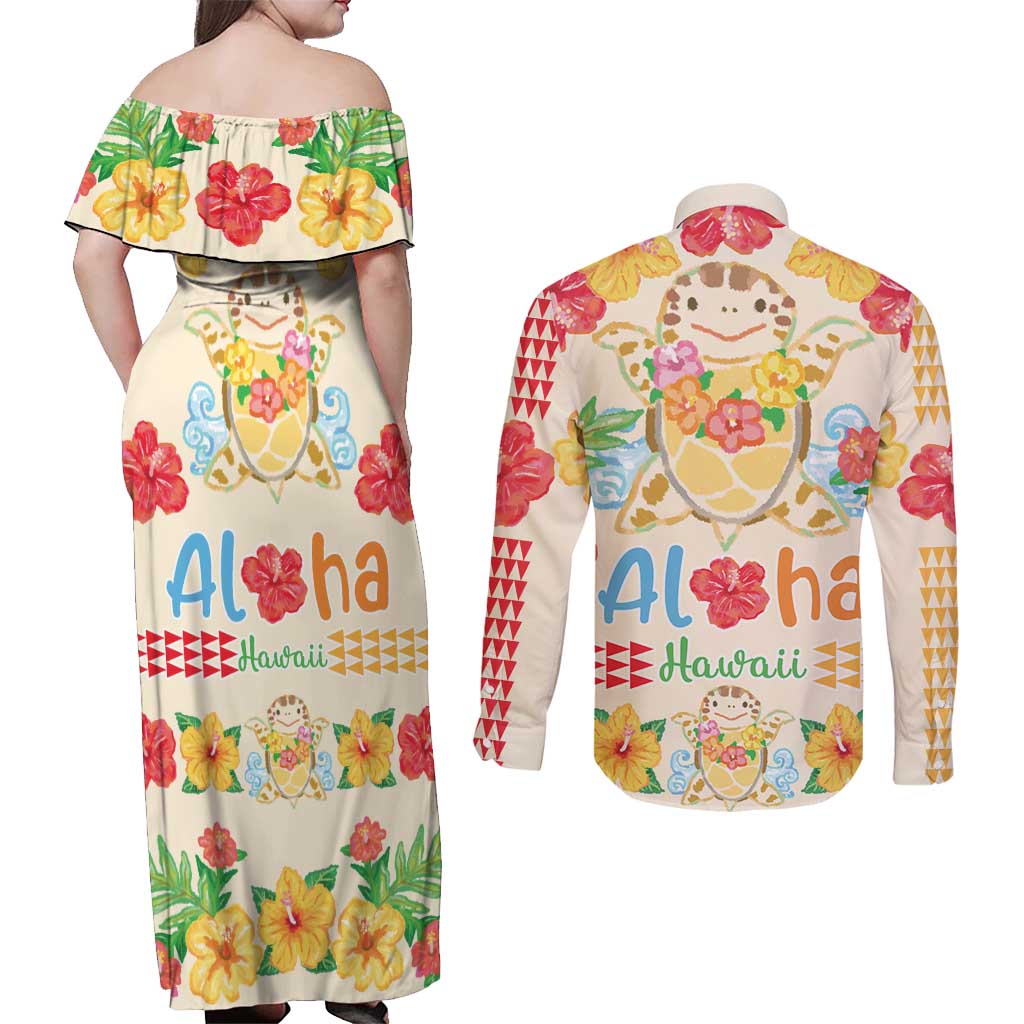 Kawaii Turtle Couples Matching Off Shoulder Maxi Dress and Long Sleeve Button Shirt Aloha Hibiscus Flowers LT9 - Polynesian Pride