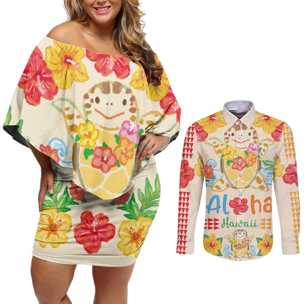 Kawaii Turtle Couples Matching Off Shoulder Short Dress and Long Sleeve Button Shirt Aloha Hibiscus Flowers LT9 Beige - Polynesian Pride