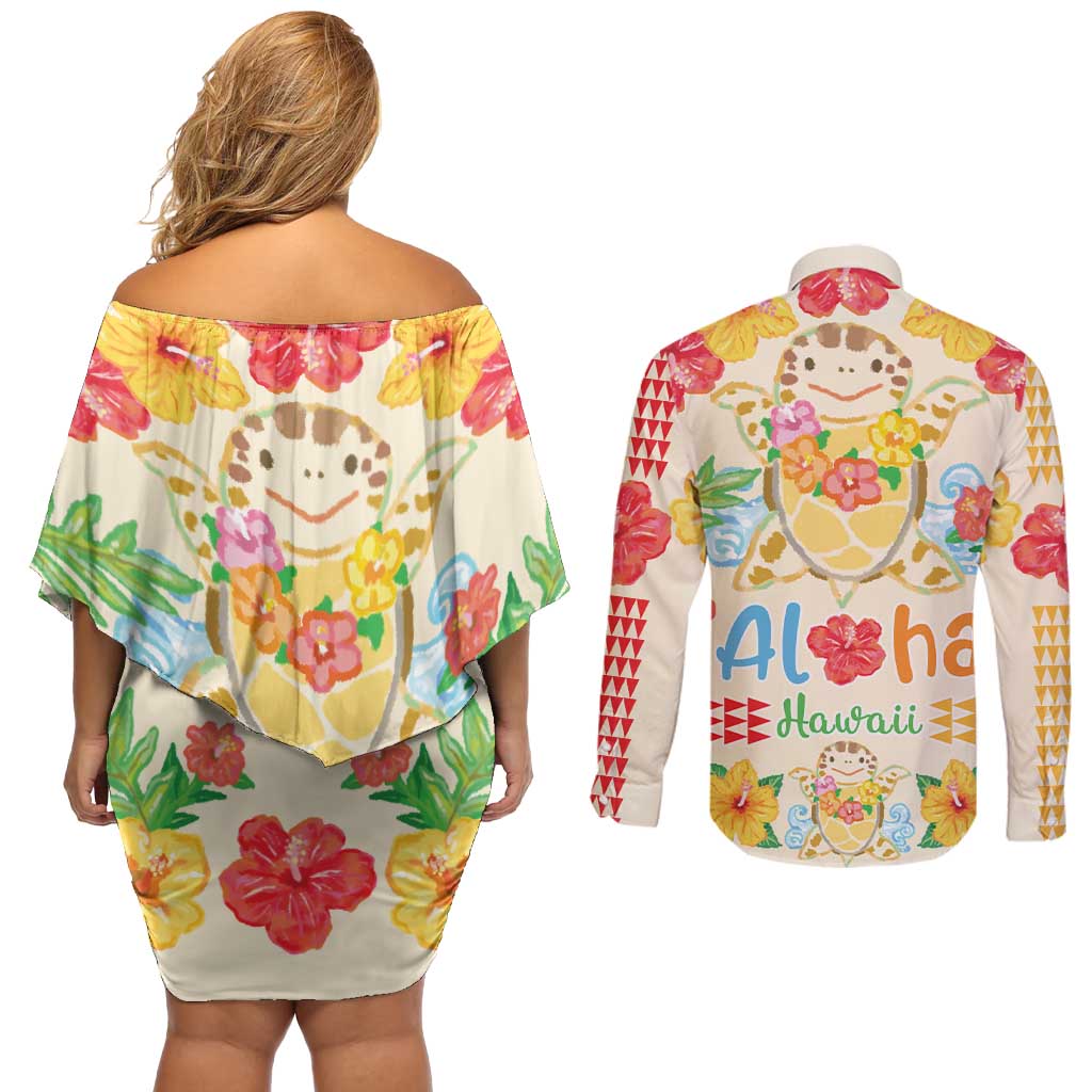 Kawaii Turtle Couples Matching Off Shoulder Short Dress and Long Sleeve Button Shirt Aloha Hibiscus Flowers LT9 - Polynesian Pride