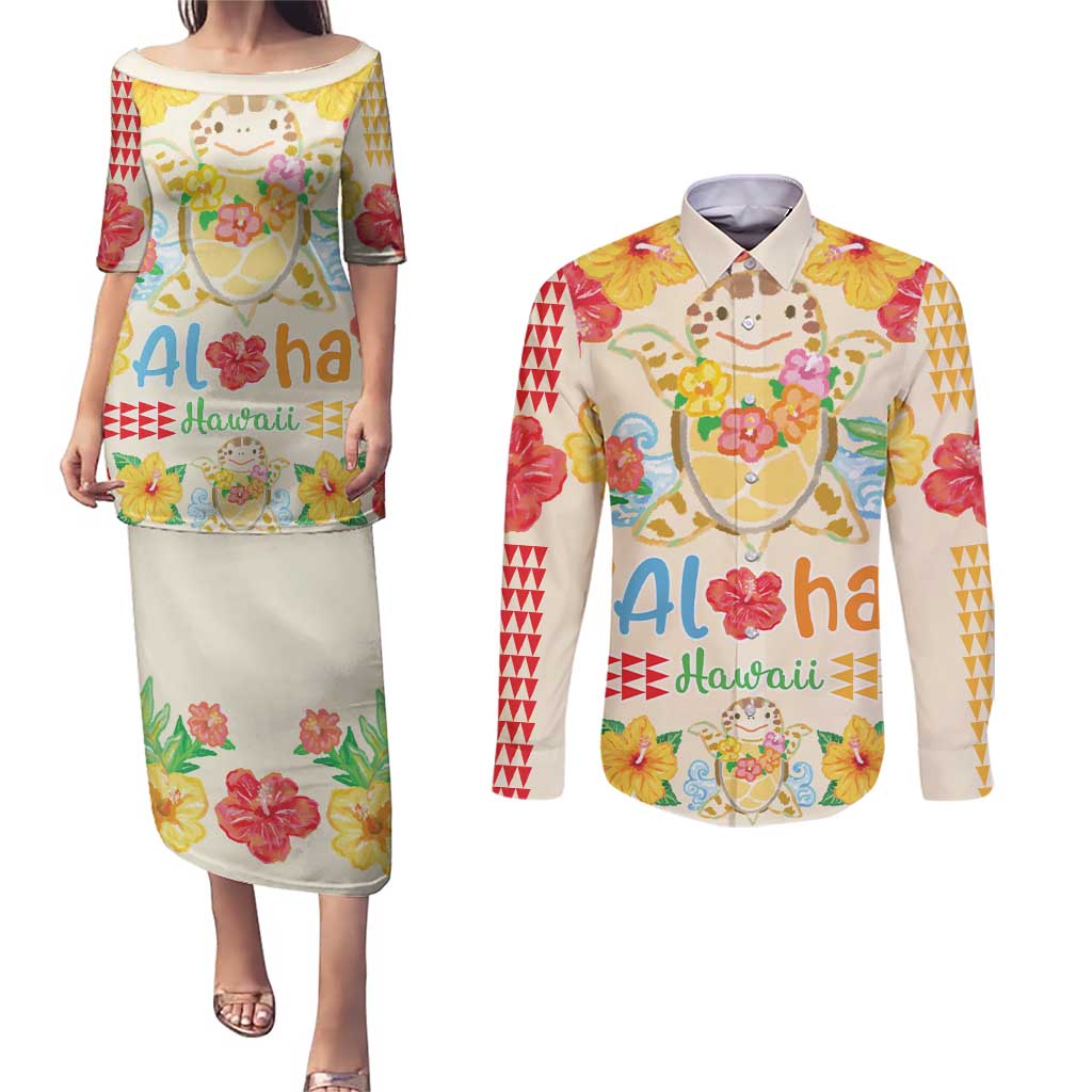 Kawaii Turtle Couples Matching Puletasi and Long Sleeve Button Shirt Aloha Hibiscus Flowers LT9 Beige - Polynesian Pride
