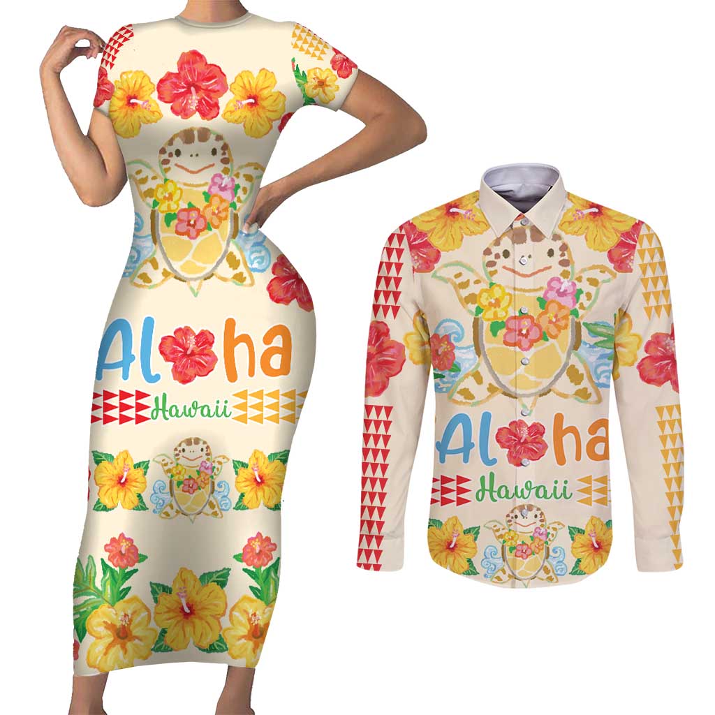 Kawaii Turtle Couples Matching Short Sleeve Bodycon Dress and Long Sleeve Button Shirt Aloha Hibiscus Flowers LT9 Beige - Polynesian Pride