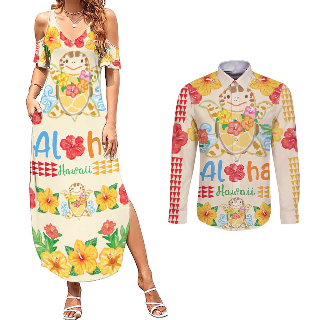 Kawaii Turtle Couples Matching Summer Maxi Dress and Long Sleeve Button Shirt Aloha Hibiscus Flowers LT9 Beige - Polynesian Pride