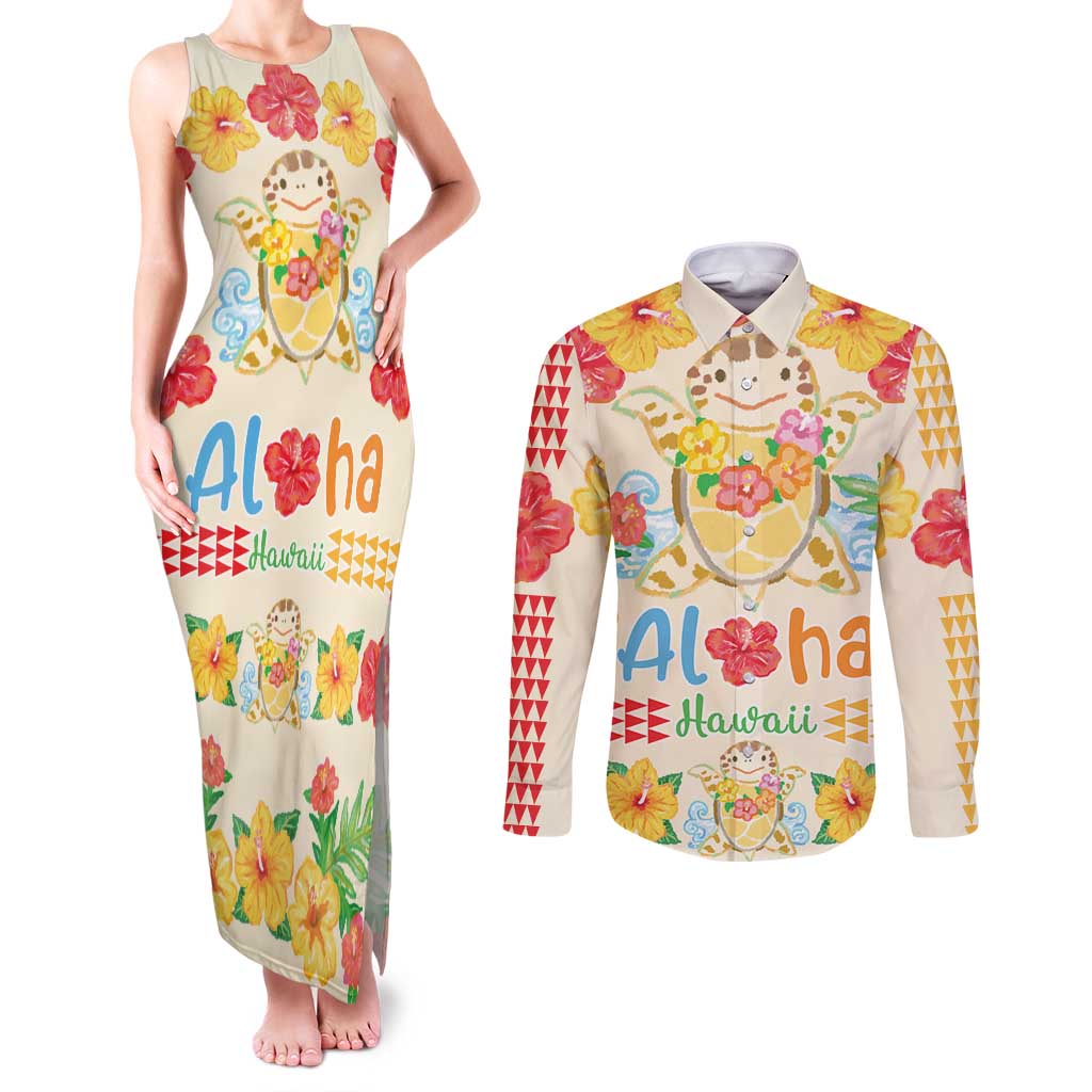 Kawaii Turtle Couples Matching Tank Maxi Dress and Long Sleeve Button Shirt Aloha Hibiscus Flowers LT9 Beige - Polynesian Pride
