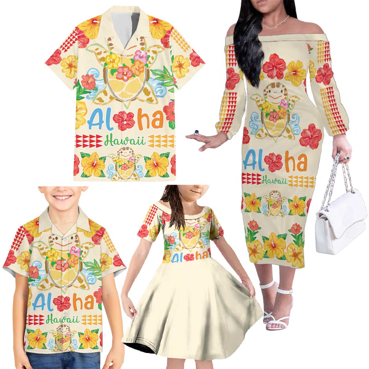 Kawaii Turtle Family Matching Off The Shoulder Long Sleeve Dress and Hawaiian Shirt Aloha Hibiscus Flowers