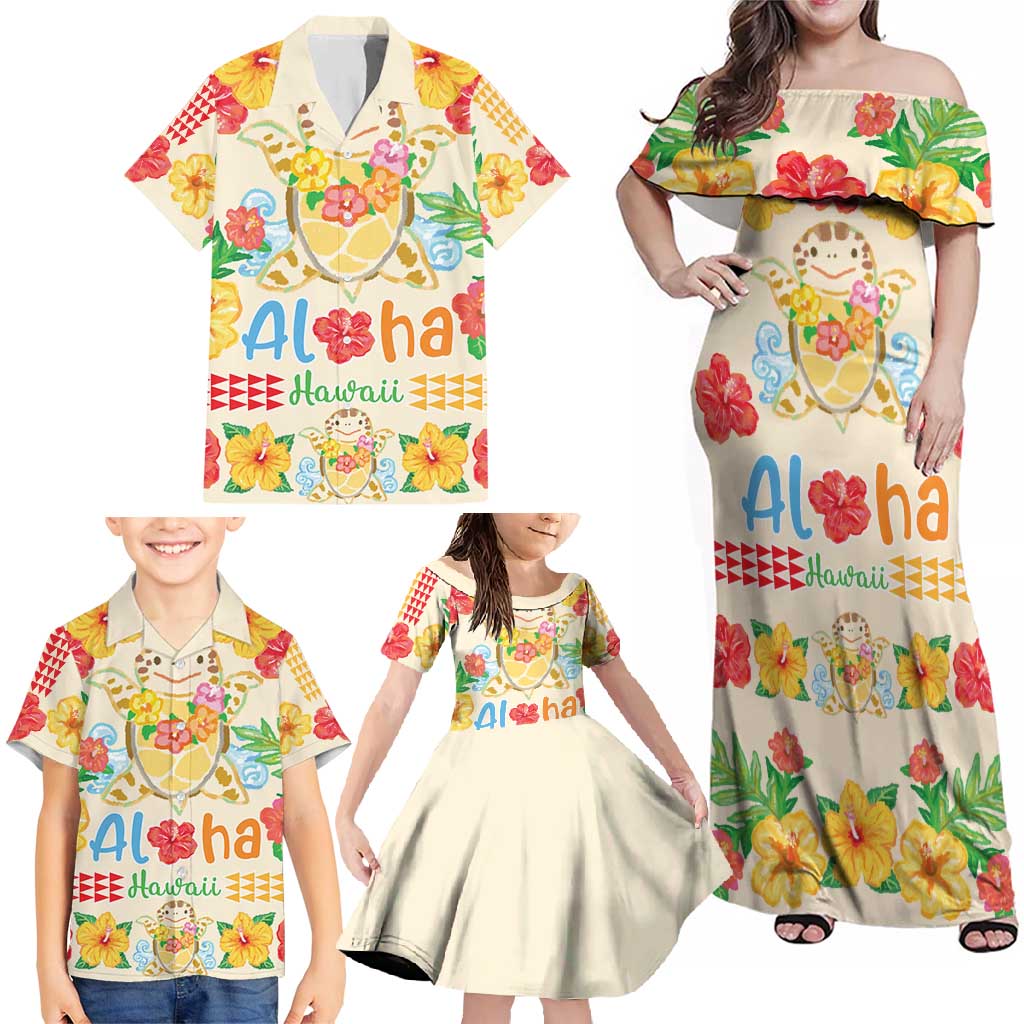 Kawaii Turtle Family Matching Off Shoulder Maxi Dress and Hawaiian Shirt Aloha Hibiscus Flowers