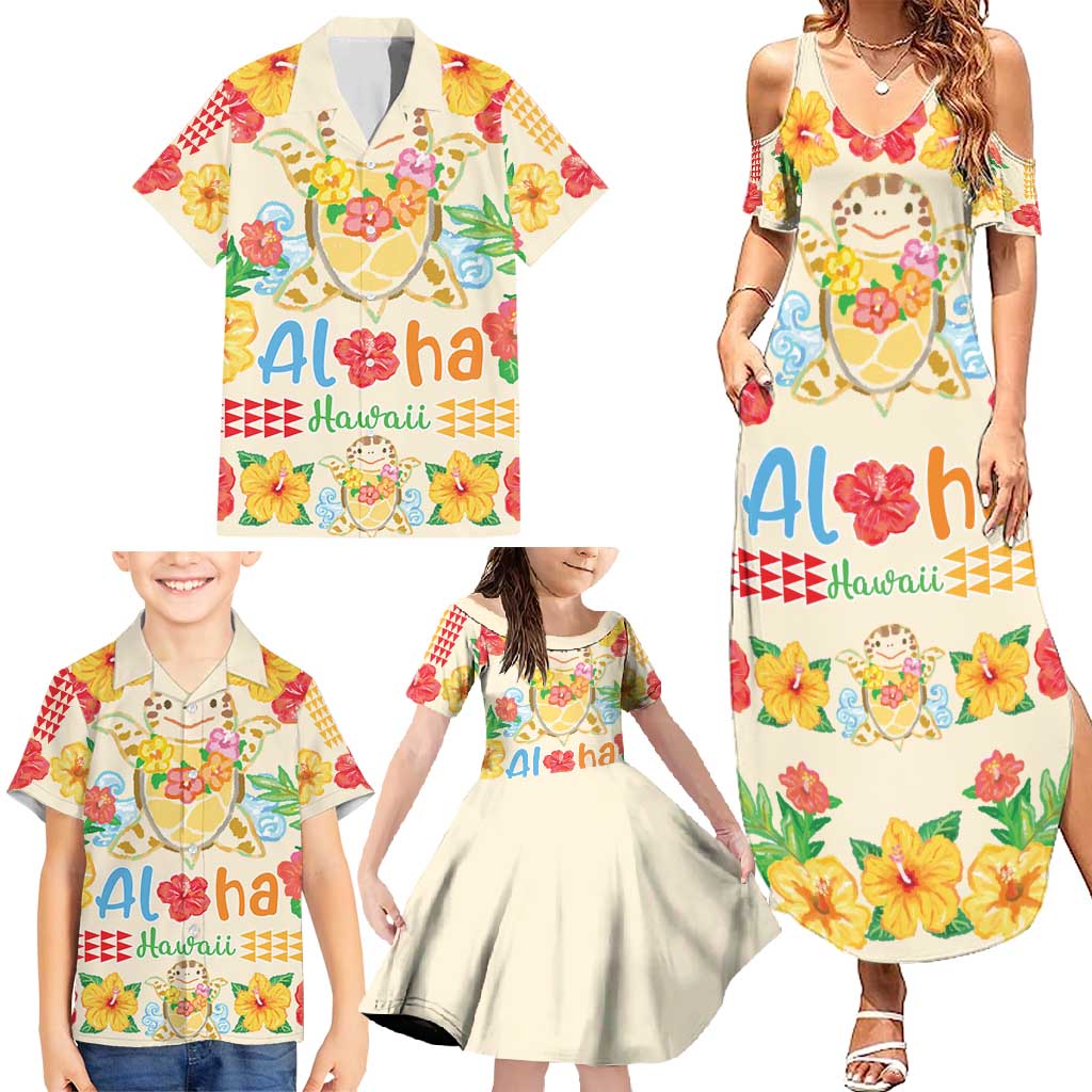 Kawaii Turtle Family Matching Summer Maxi Dress and Hawaiian Shirt Aloha Hibiscus Flowers