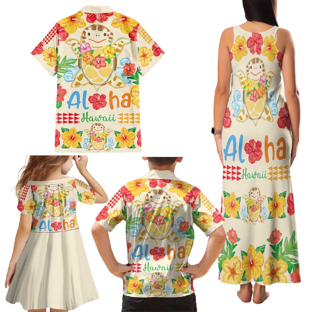 Kawaii Turtle Family Matching Tank Maxi Dress and Hawaiian Shirt Aloha Hibiscus Flowers