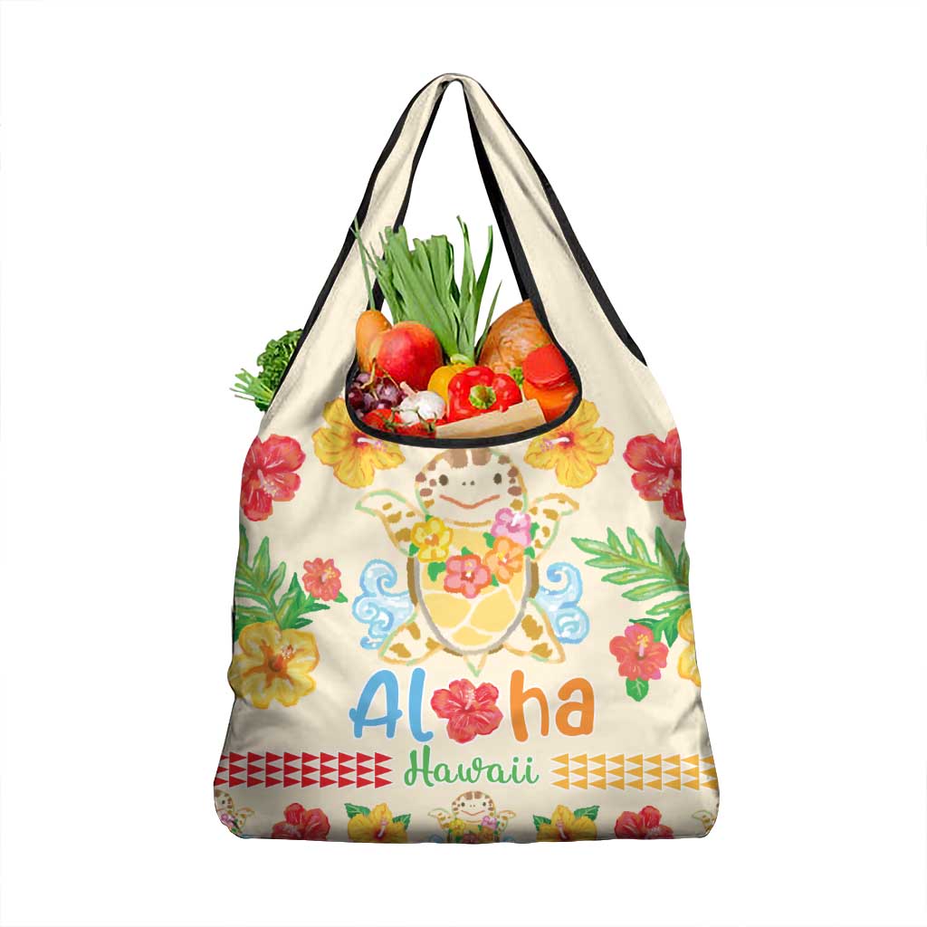 Kawaii Turtle Grocery Bag Aloha Hibiscus Flowers LT9 1-pack One Size Beige - Polynesian Pride