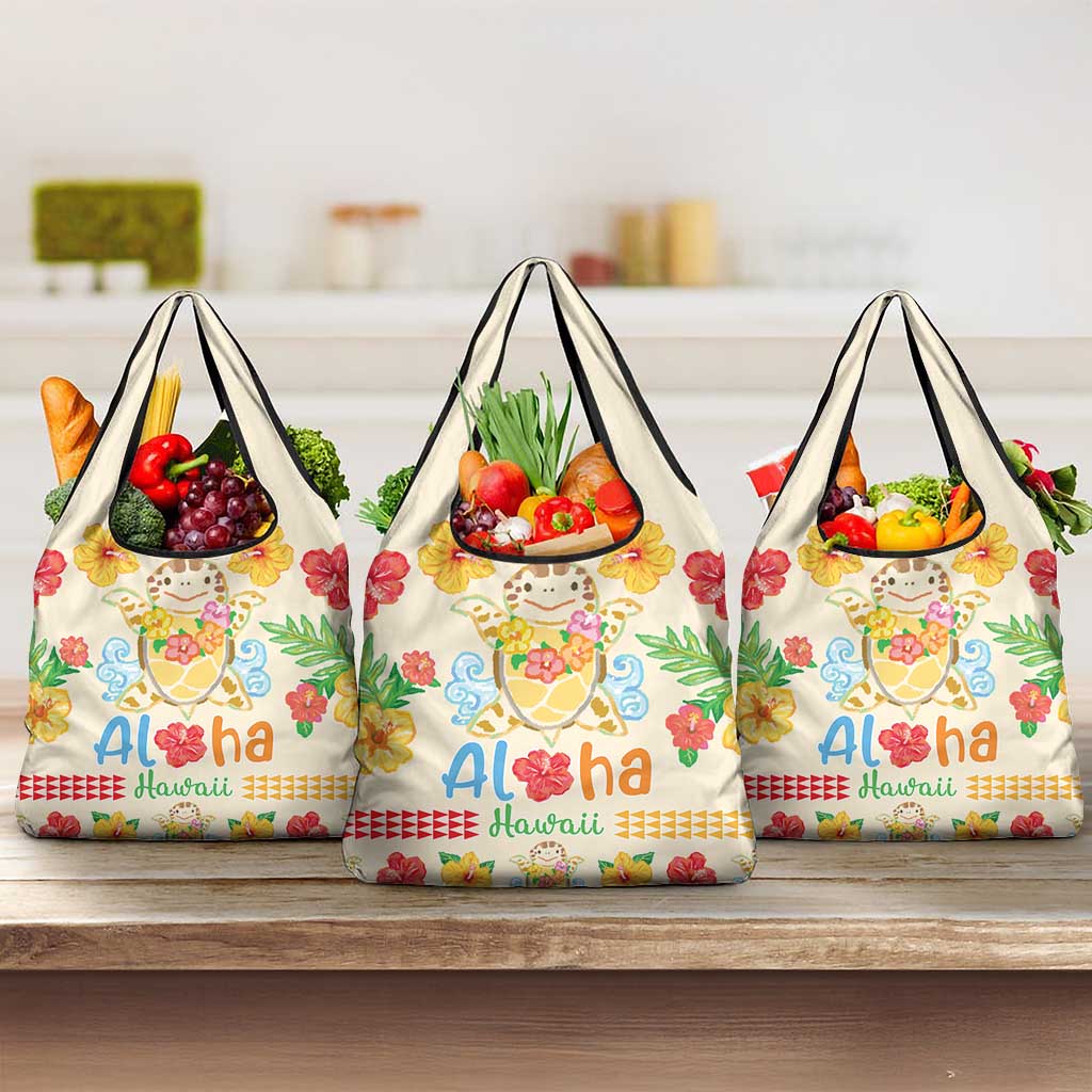 Kawaii Turtle Grocery Bag Aloha Hibiscus Flowers LT9 3-pack One Size Beige - Polynesian Pride
