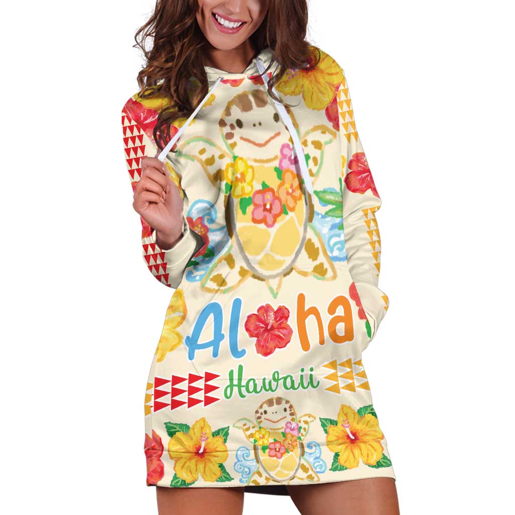 Kawaii Turtle Hoodie Dress Aloha Hibiscus Flowers LT9 Beige - Polynesian Pride