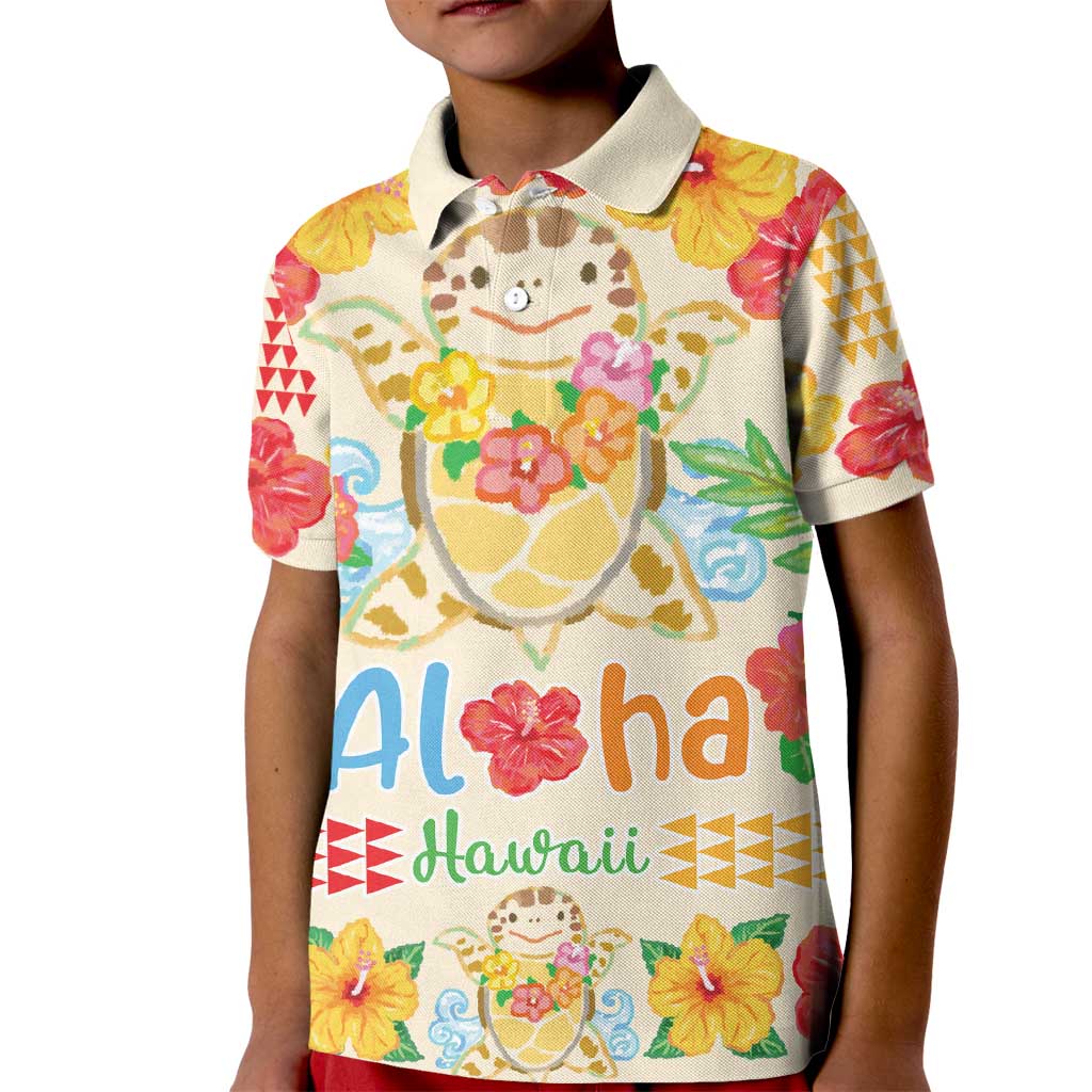 Kawaii Turtle Kid Polo Shirt Aloha Hibiscus Flowers