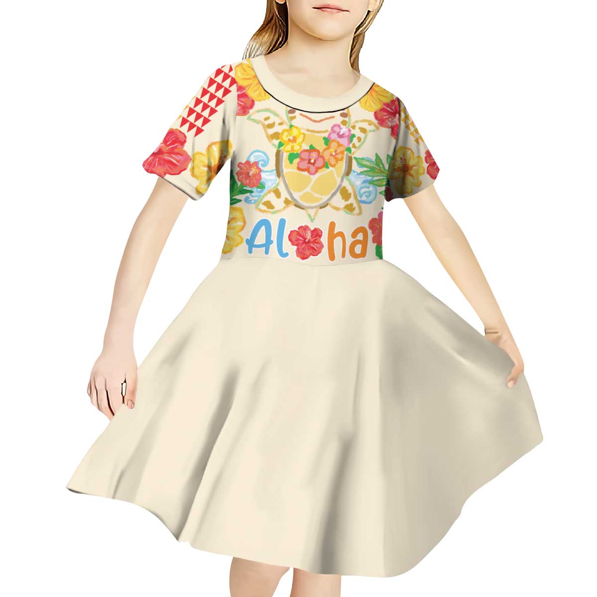 Kawaii Turtle Kid Short Sleeve Dress Aloha Hibiscus Flowers