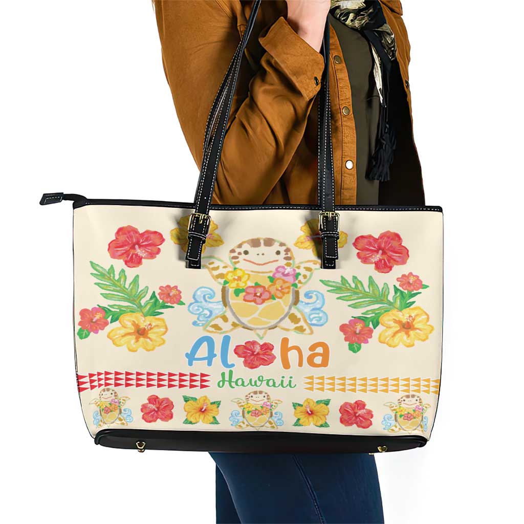 Kawaii Turtle Leather Tote Bag Aloha Hibiscus Flowers LT9 - Polynesian Pride
