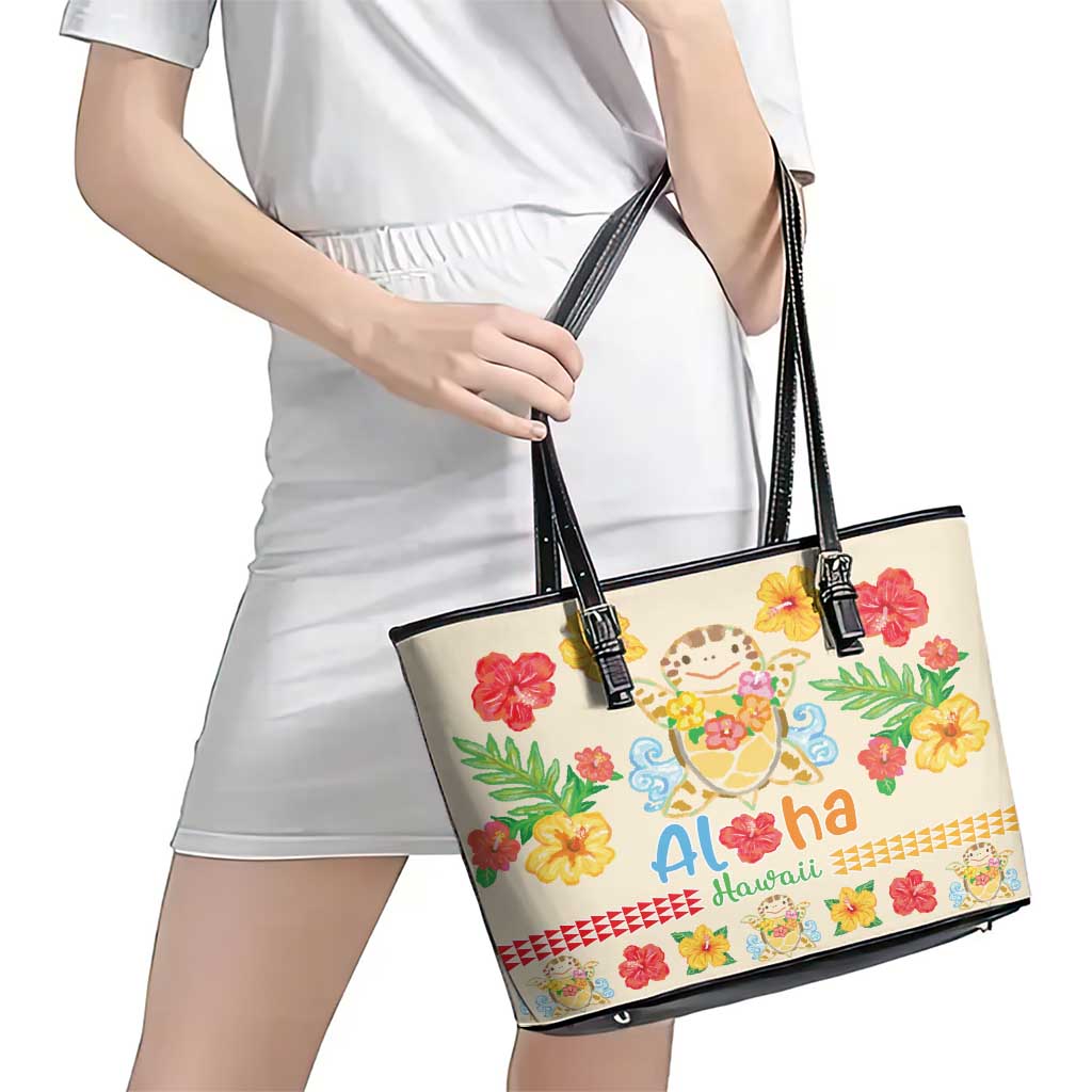 Kawaii Turtle Leather Tote Bag Aloha Hibiscus Flowers LT9 - Polynesian Pride