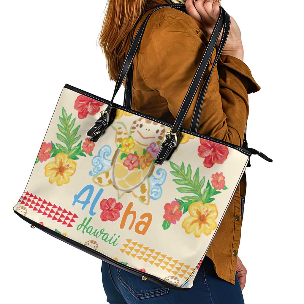 Kawaii Turtle Leather Tote Bag Aloha Hibiscus Flowers LT9 - Polynesian Pride