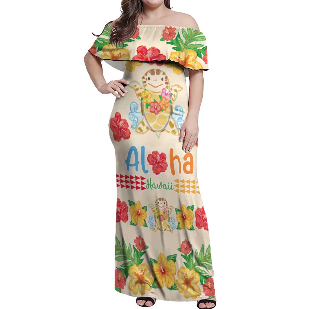 Kawaii Turtle Off Shoulder Maxi Dress Aloha Hibiscus Flowers LT9 Women Beige - Polynesian Pride
