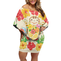 Kawaii Turtle Off Shoulder Short Dress Aloha Hibiscus Flowers LT9 Women Beige - Polynesian Pride