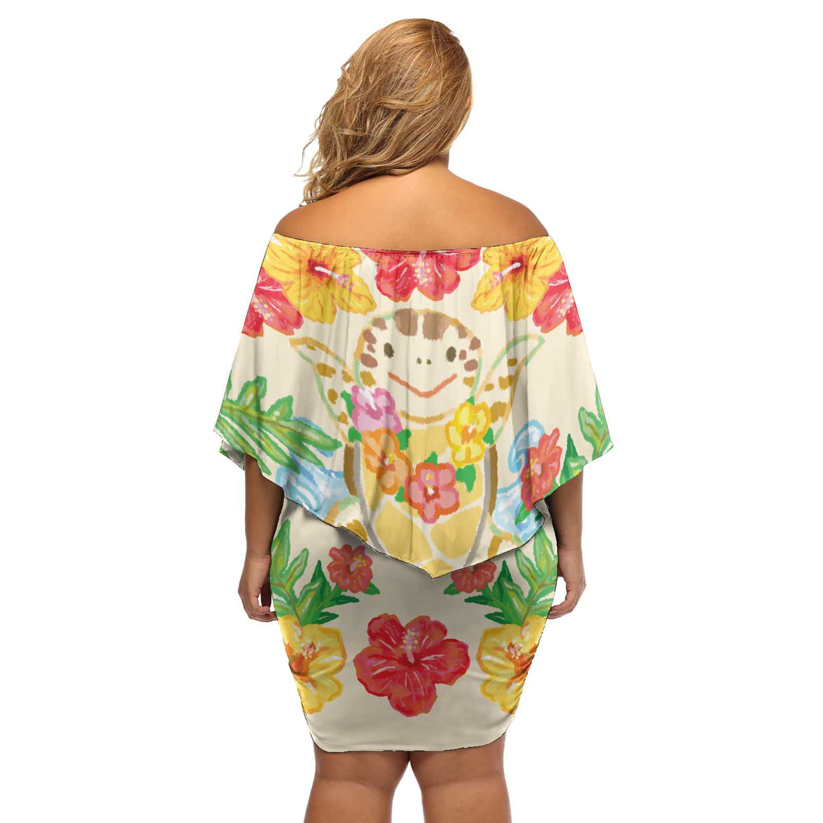 Kawaii Turtle Off Shoulder Short Dress Aloha Hibiscus Flowers LT9 - Polynesian Pride