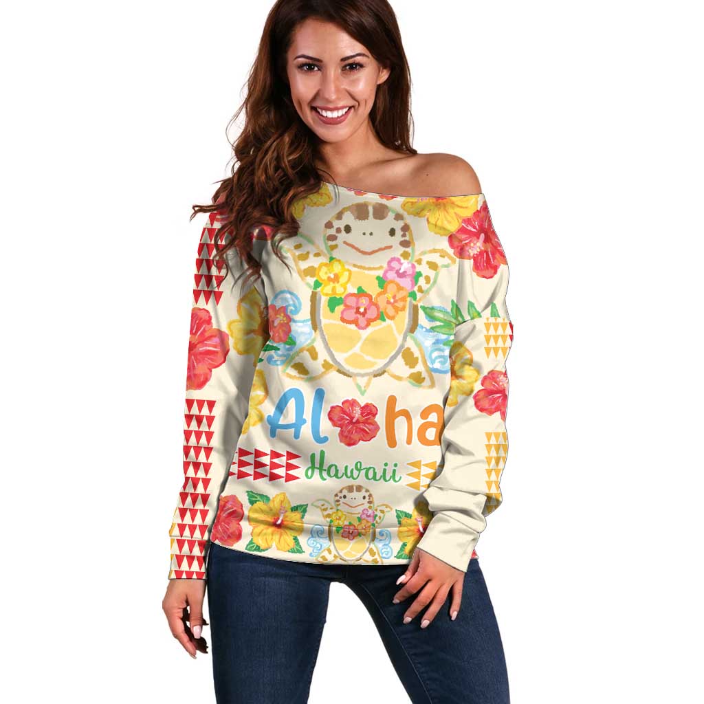 Kawaii Turtle Off Shoulder Sweater Aloha Hibiscus Flowers