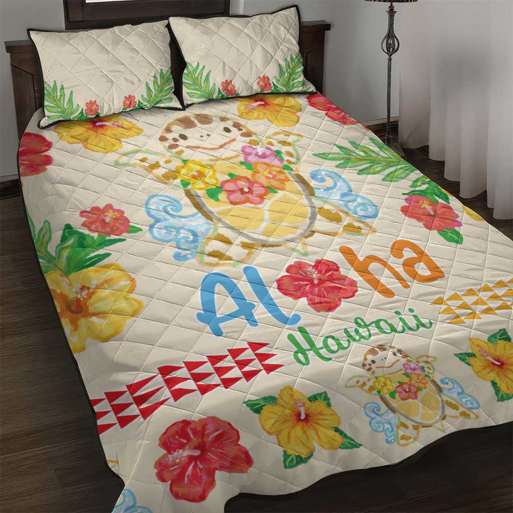 Kawaii Turtle Quilt Bed Set Aloha Hibiscus Flowers