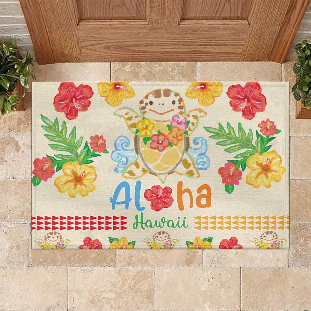 Kawaii Turtle Rubber Doormat Aloha Hibiscus Flowers LT9 Beige - Polynesian Pride