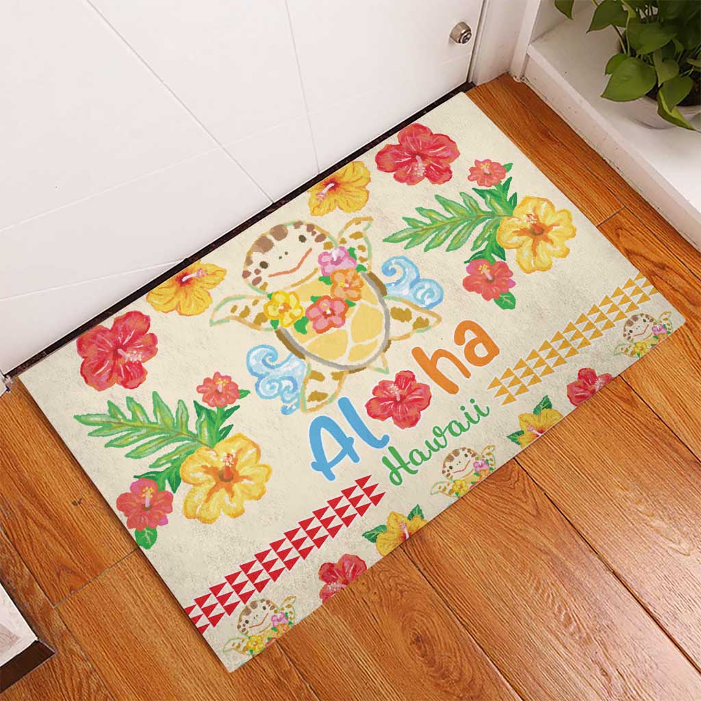 Kawaii Turtle Rubber Doormat Aloha Hibiscus Flowers LT9 - Polynesian Pride