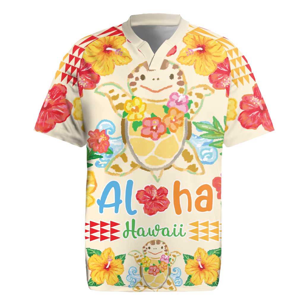 Kawaii Turtle Rugby Jersey Aloha Hibiscus Flowers LT9 Beige - Polynesian Pride