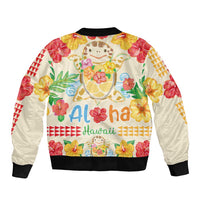 Kawaii Turtle Sleeve Zip Bomber Jacket Aloha Hibiscus Flowers