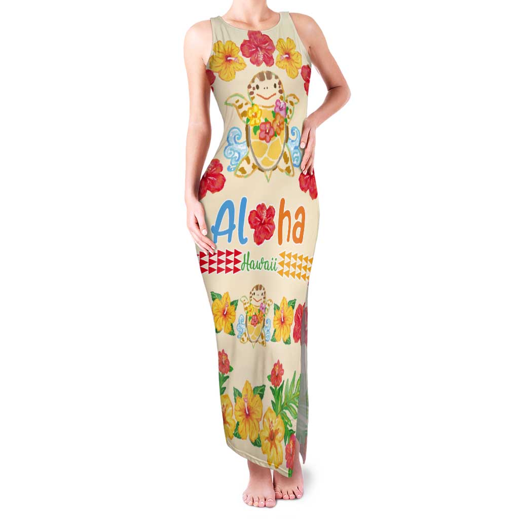 Kawaii Turtle Tank Maxi Dress Aloha Hibiscus Flowers LT9 Women Beige - Polynesian Pride
