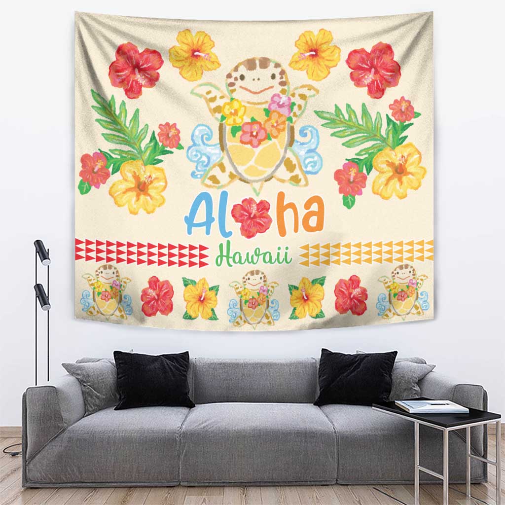 Kawaii Turtle Tapestry Aloha Hibiscus Flowers