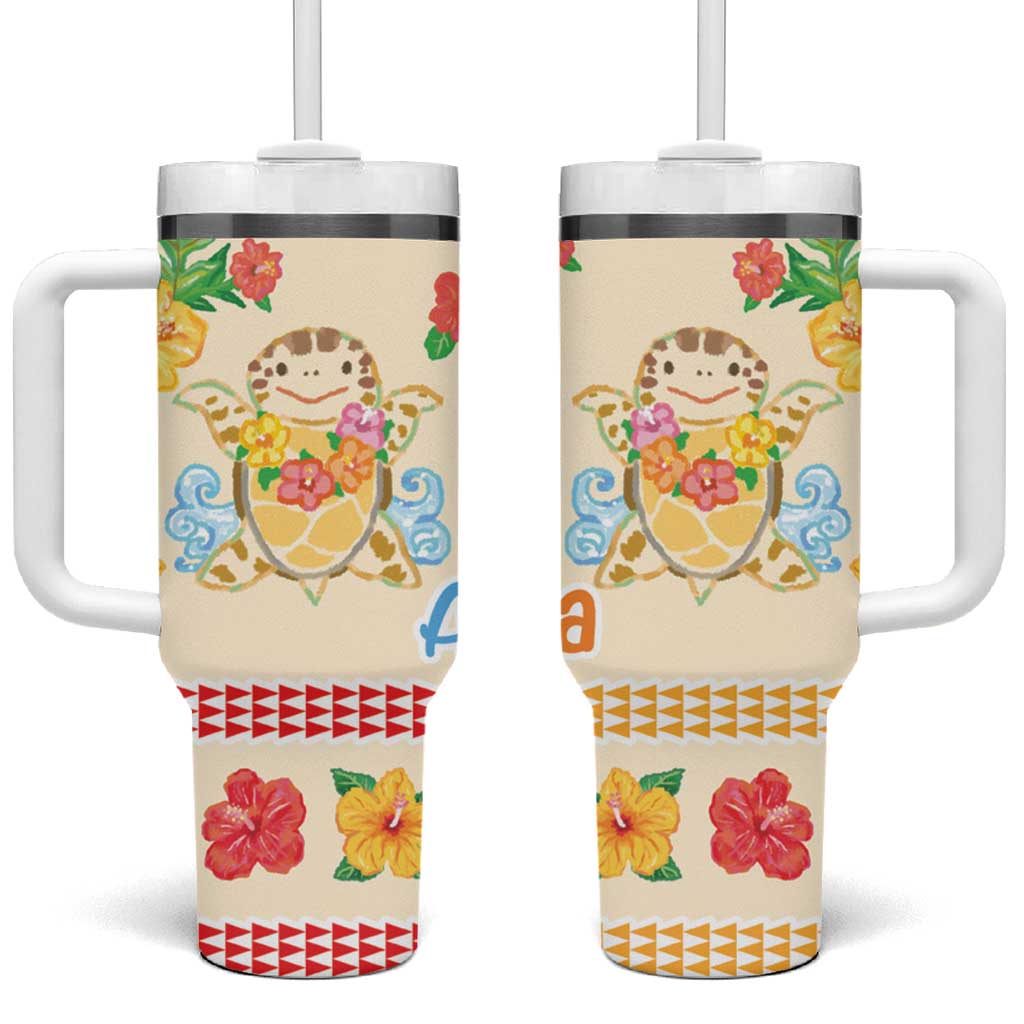 Kawaii Turtle Tumbler With Handle Aloha Hibiscus Flowers LT9 One Size: 40 oz Beige - Polynesian Pride