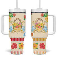 Kawaii Turtle Tumbler With Handle Aloha Hibiscus Flowers LT9 One Size: 40 oz Beige - Polynesian Pride