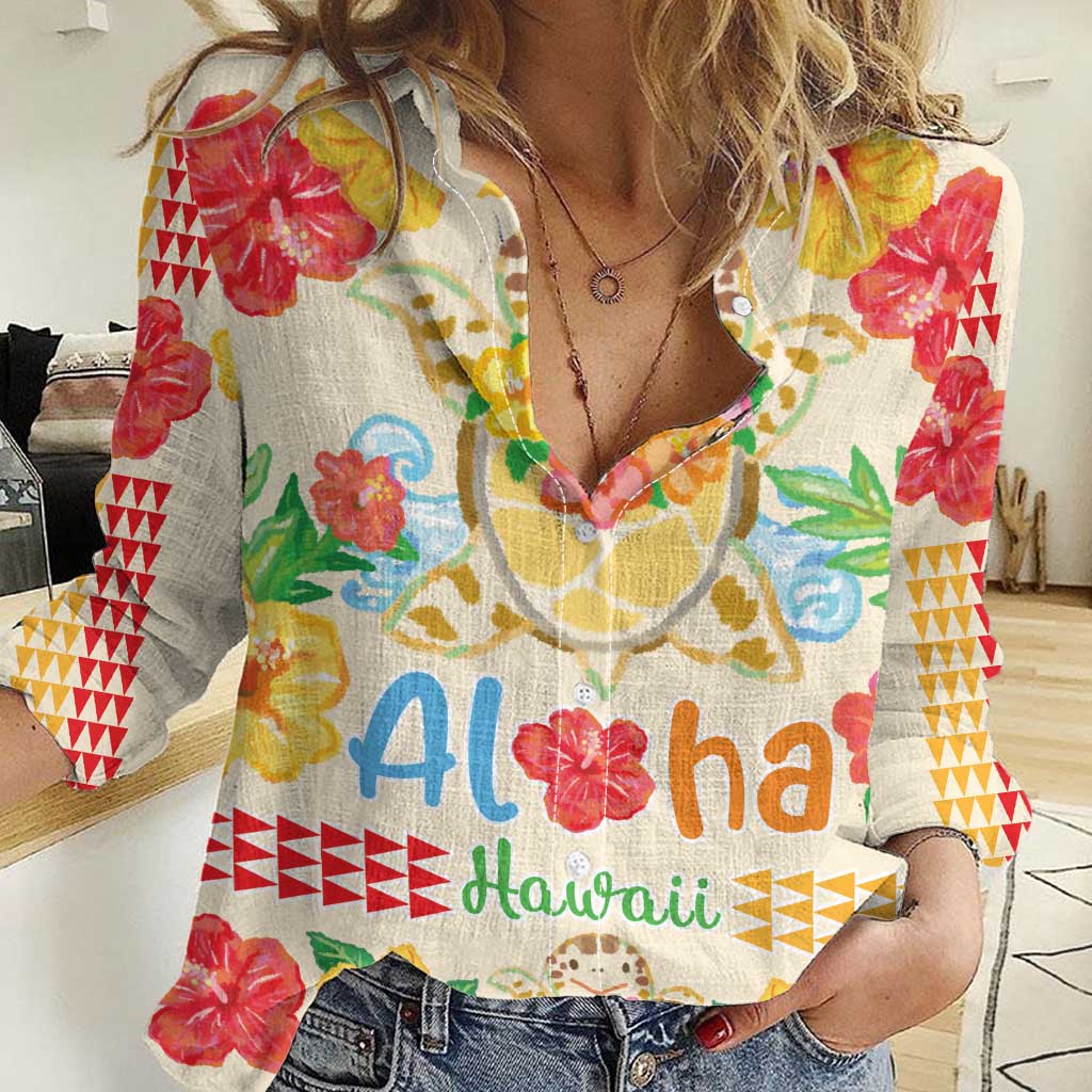 Kawaii Turtle Women Casual Shirt Aloha Hibiscus Flowers