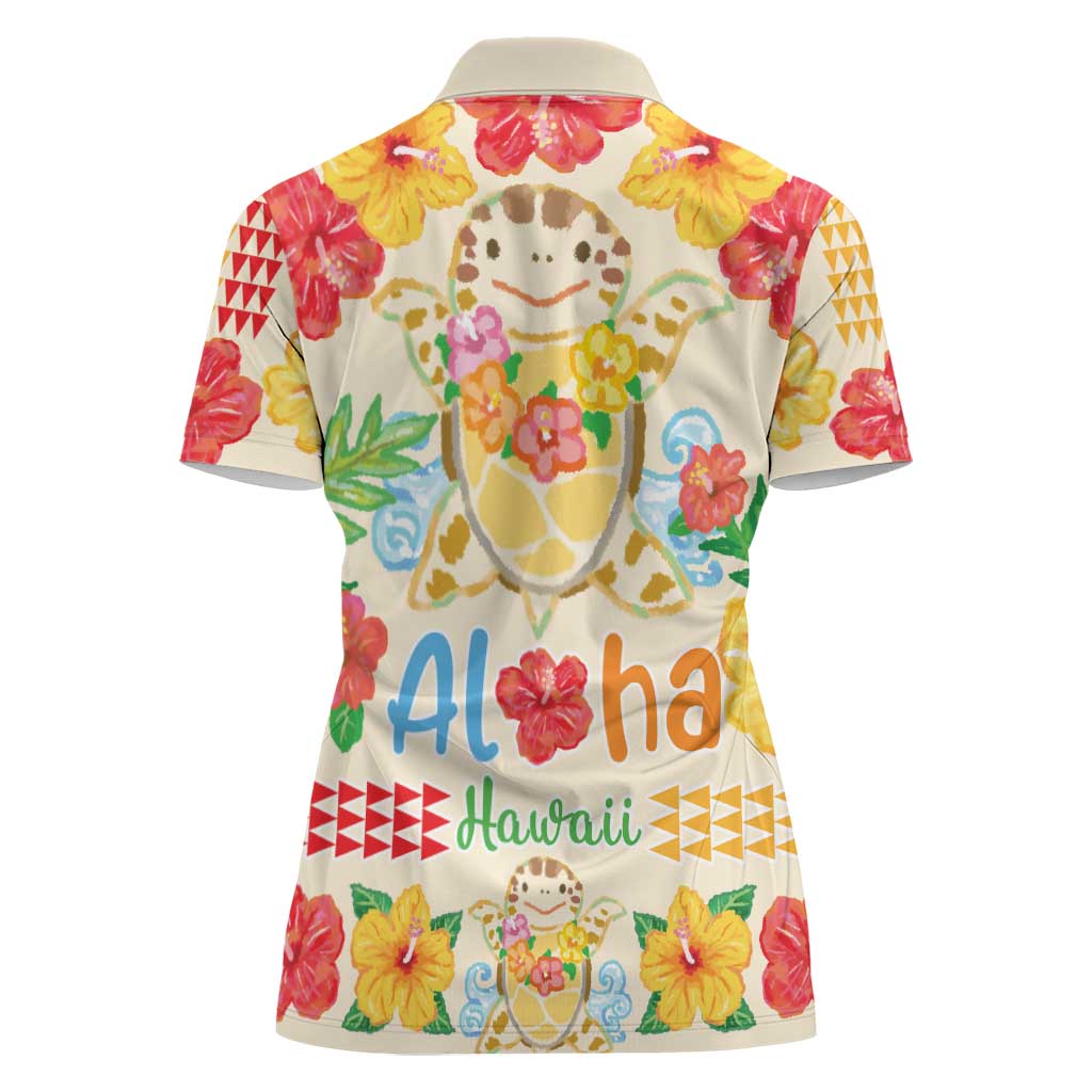 Kawaii Turtle Women Polo Shirt Aloha Hibiscus Flowers